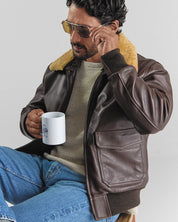 THE CARTER - Brown Leather Bomber Jacket Classic Fit