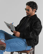 THE RIVERTON - Black Old English Leather Raglan Classic Fit Bomber