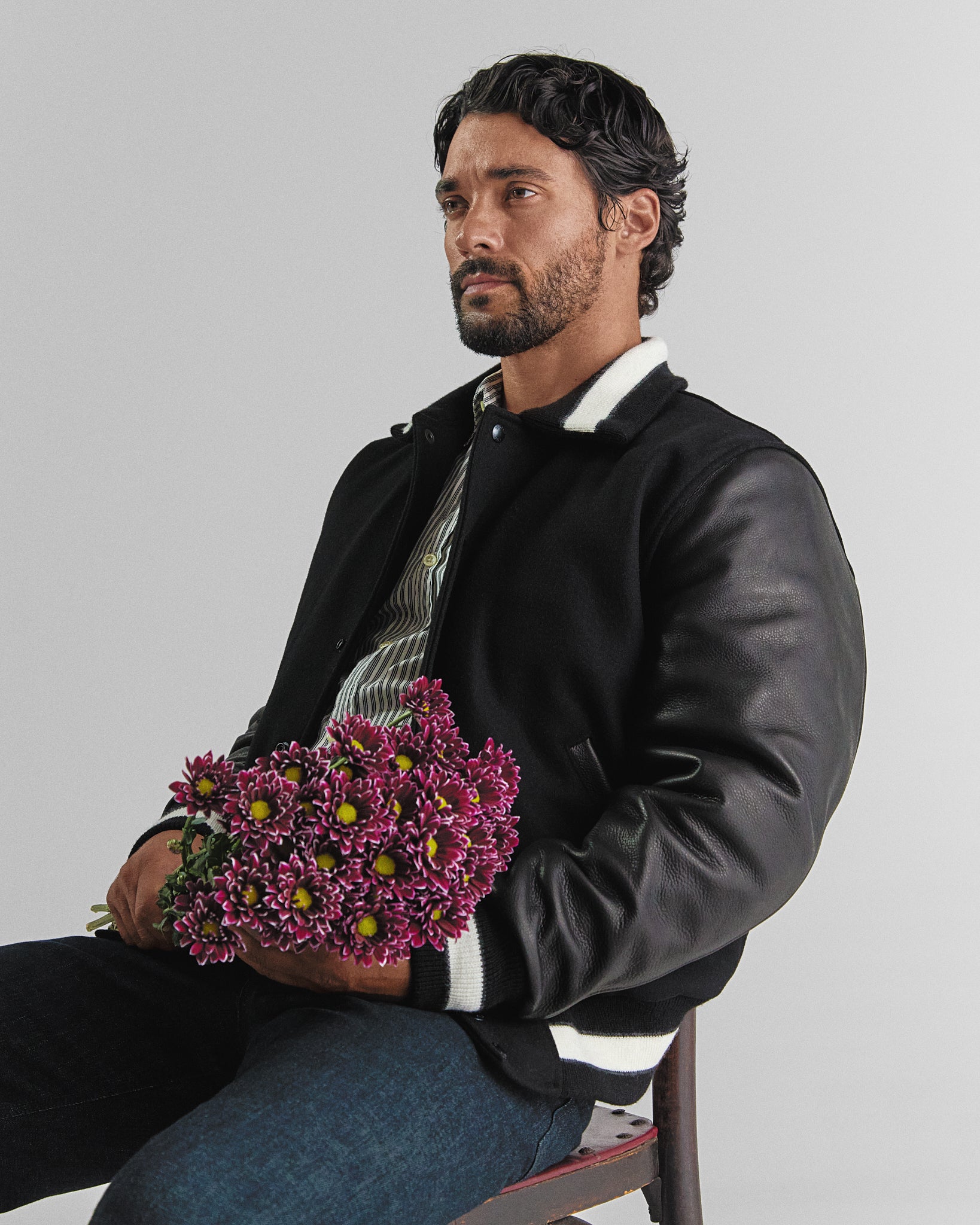 THE BYRON - Black/Black Contrast Stripe Knit Collar Varsity Jacket Classic Fit