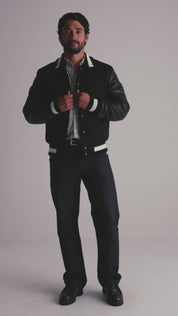 THE BYRON - Black/Black Contrast Stripe Knit Collar Varsity Jacket Classic Fit