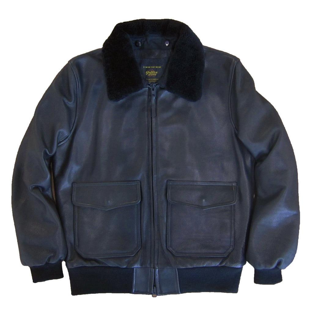 The Carter - Black Naked Leather Bomber Jacket with Detachable Fur Collar - Golden Bear Sportswear 