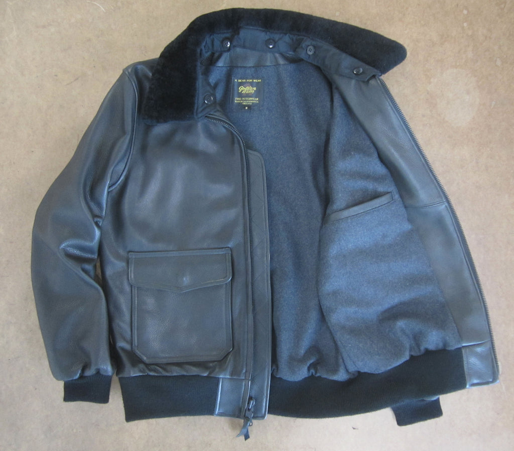 The Carter - Black Naked Leather Bomber Jacket with Detachable Fur Collar - Golden Bear Sportswear 